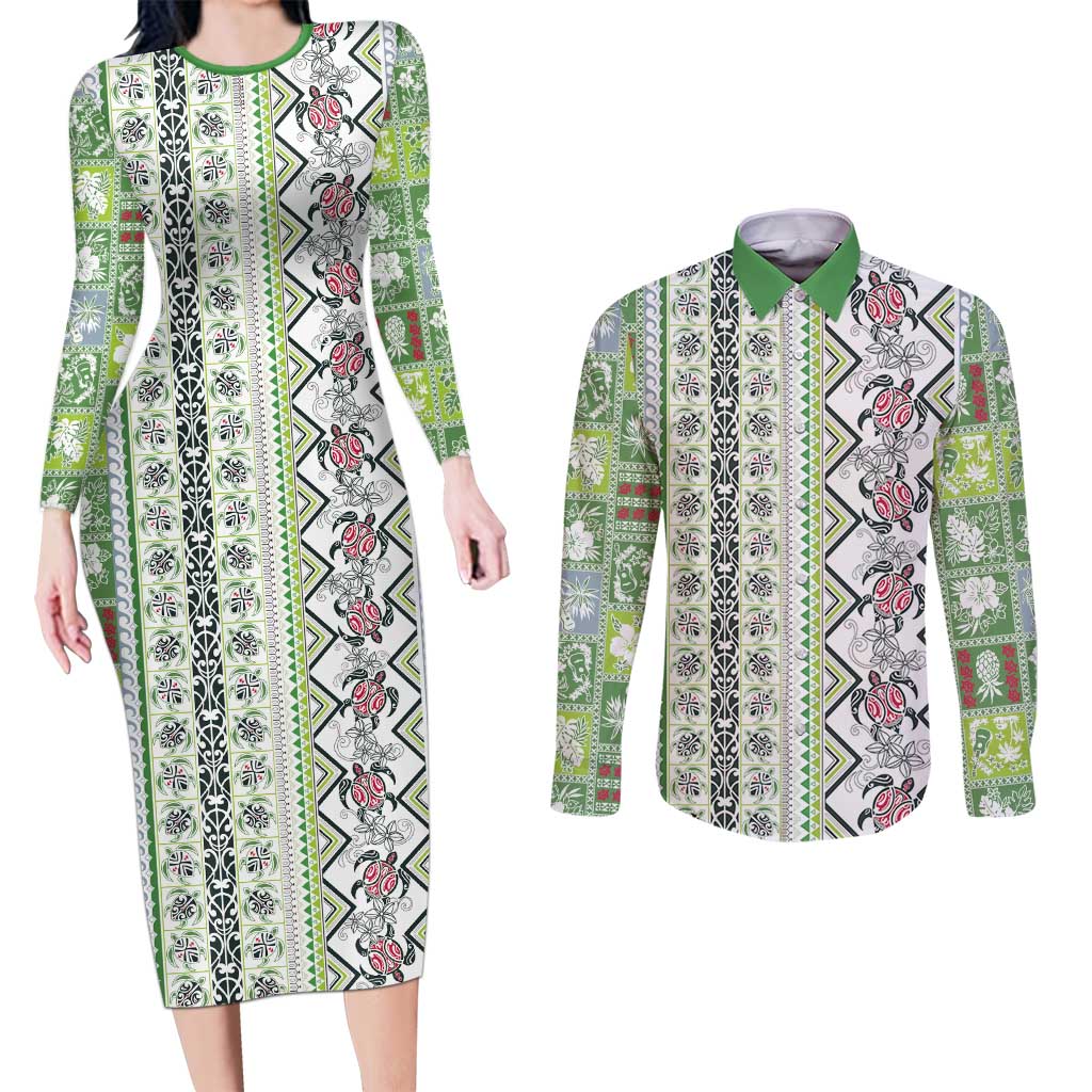Hawaii Makahiki Turtle Couples Matching Long Sleeve Bodycon Dress and Long Sleeve Button Shirt Green Tapa Pattern - Polynesian Pride