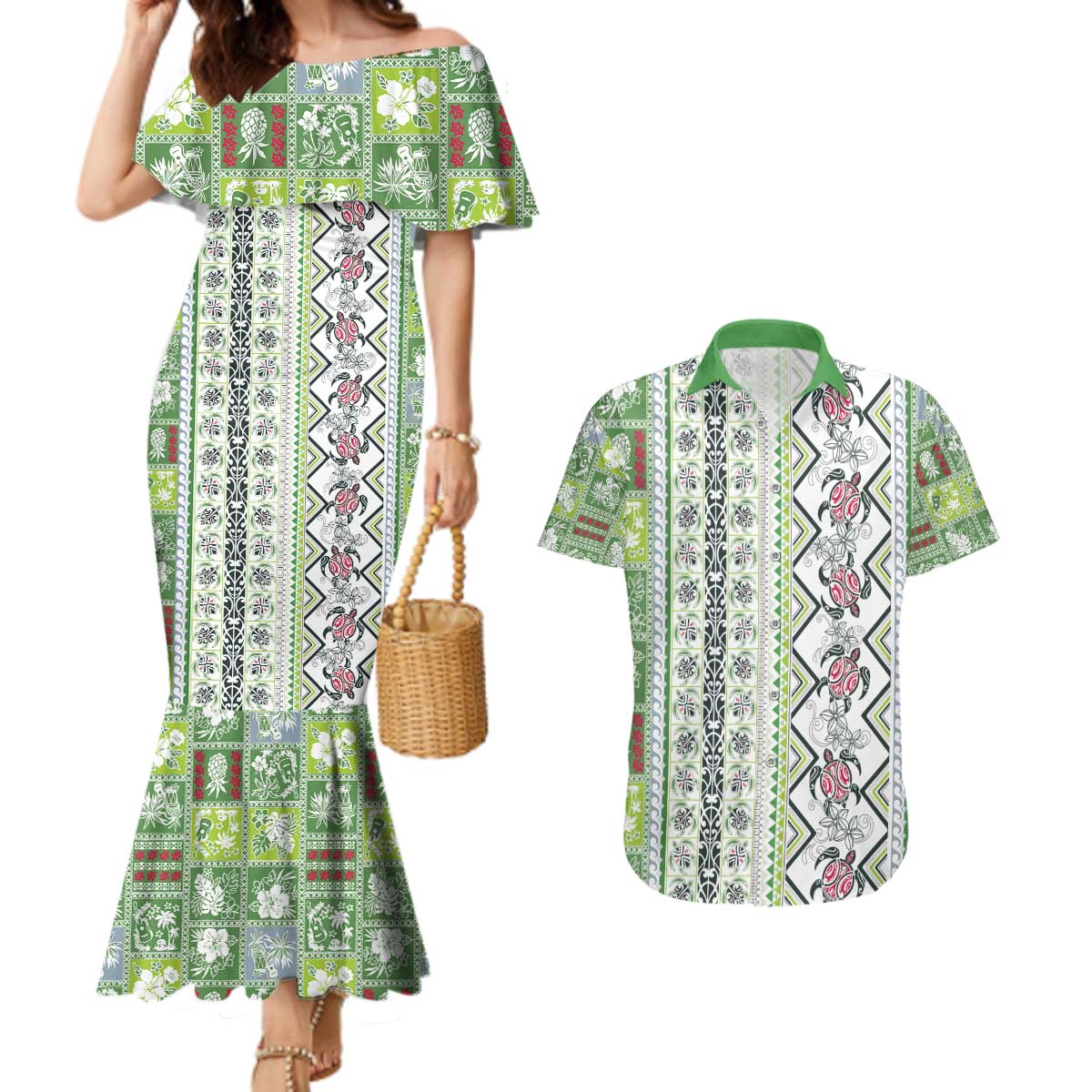 Hawaii Makahiki Turtle Couples Matching Mermaid Dress and Hawaiian Shirt Green Tapa Pattern - Polynesian Pride