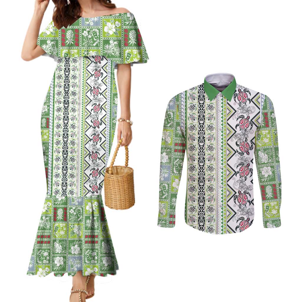 Hawaii Makahiki Turtle Couples Matching Mermaid Dress and Long Sleeve Button Shirt Green Tapa Pattern - Polynesian Pride