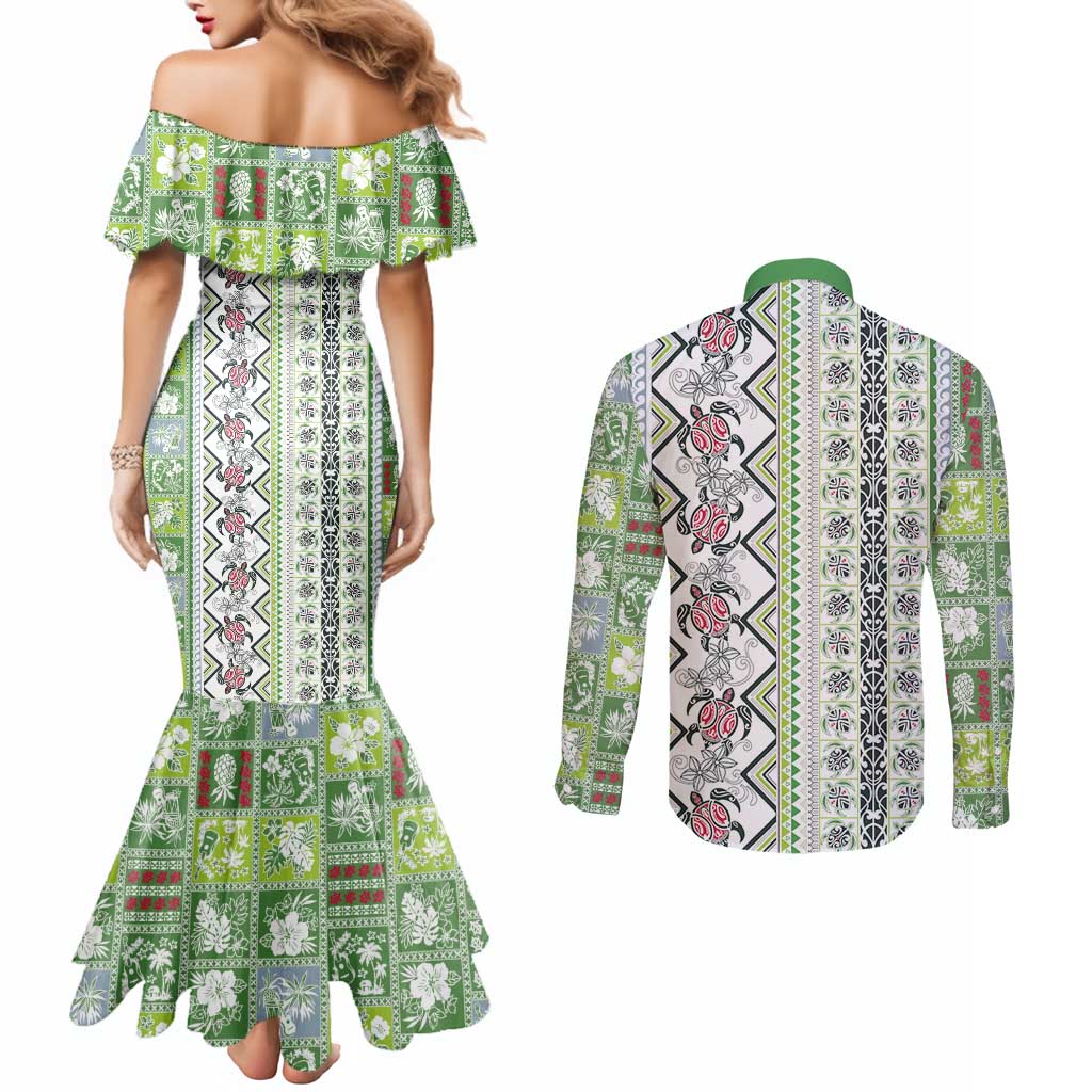 Hawaii Makahiki Turtle Couples Matching Mermaid Dress and Long Sleeve Button Shirt Green Tapa Pattern - Polynesian Pride