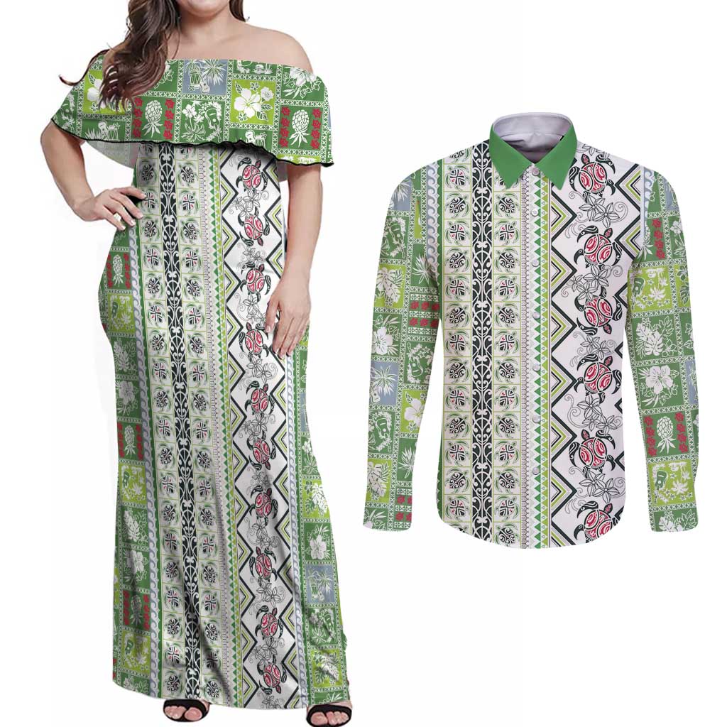 Hawaii Makahiki Turtle Couples Matching Off Shoulder Maxi Dress and Long Sleeve Button Shirt Green Tapa Pattern - Polynesian Pride