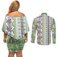 Hawaii Makahiki Turtle Couples Matching Off Shoulder Short Dress and Long Sleeve Button Shirt Green Tapa Pattern - Polynesian Pride