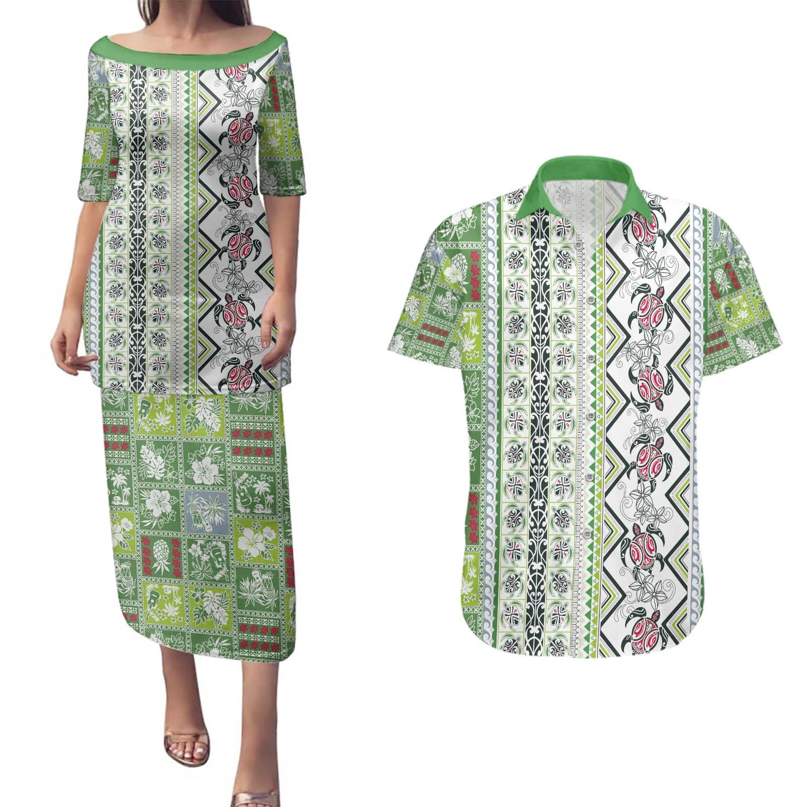 Hawaii Makahiki Turtle Couples Matching Puletasi and Hawaiian Shirt Green Tapa Pattern - Polynesian Pride