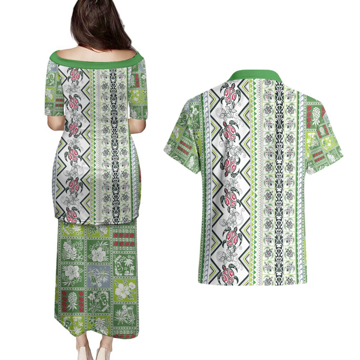 Hawaii Makahiki Turtle Couples Matching Puletasi and Hawaiian Shirt Green Tapa Pattern - Polynesian Pride