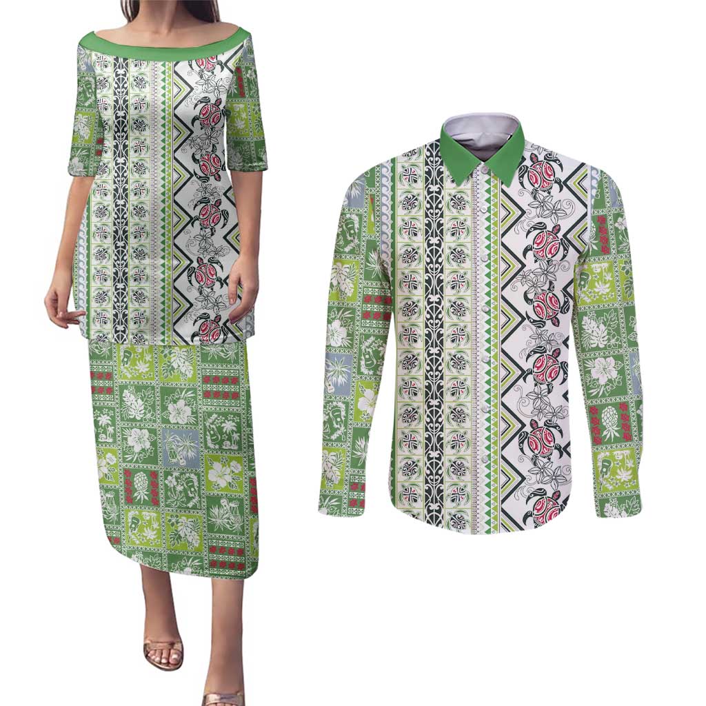 Hawaii Makahiki Turtle Couples Matching Puletasi and Long Sleeve Button Shirt Green Tapa Pattern - Polynesian Pride