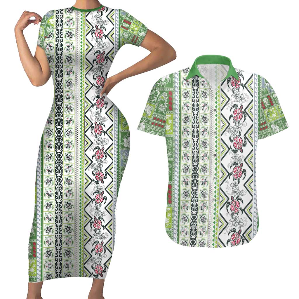 Hawaii Makahiki Turtle Couples Matching Short Sleeve Bodycon Dress and Hawaiian Shirt Green Tapa Pattern - Polynesian Pride