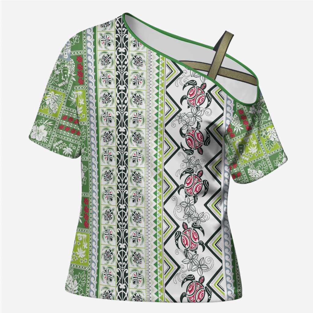 Hawaii Makahiki Turtle Cross Shoulder Shirt Green Tapa Pattern - Polynesian Pride