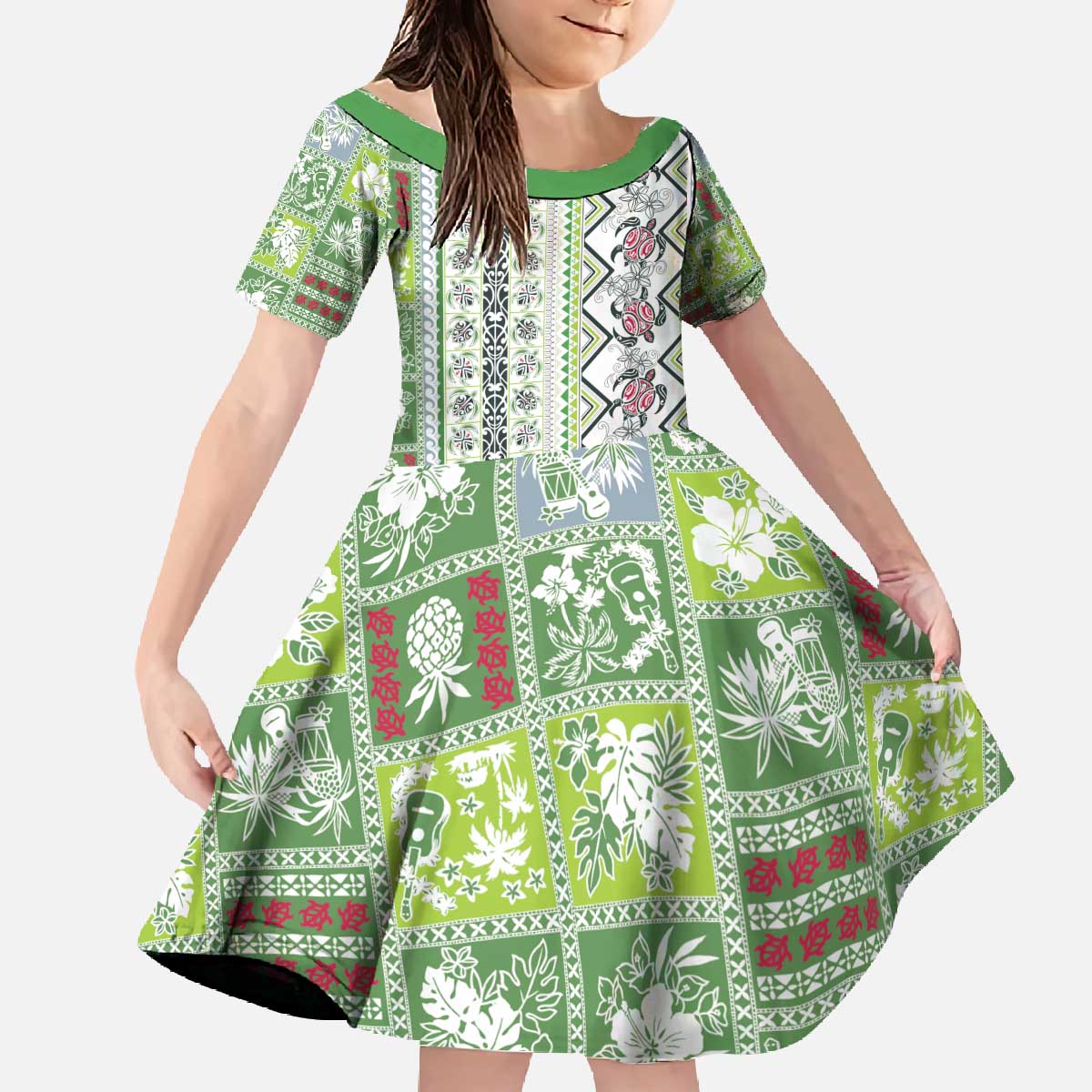 Hawaii Makahiki Turtle Family Matching Off The Shoulder Long Sleeve Dress and Hawaiian Shirt Green Tapa Pattern - Polynesian Pride