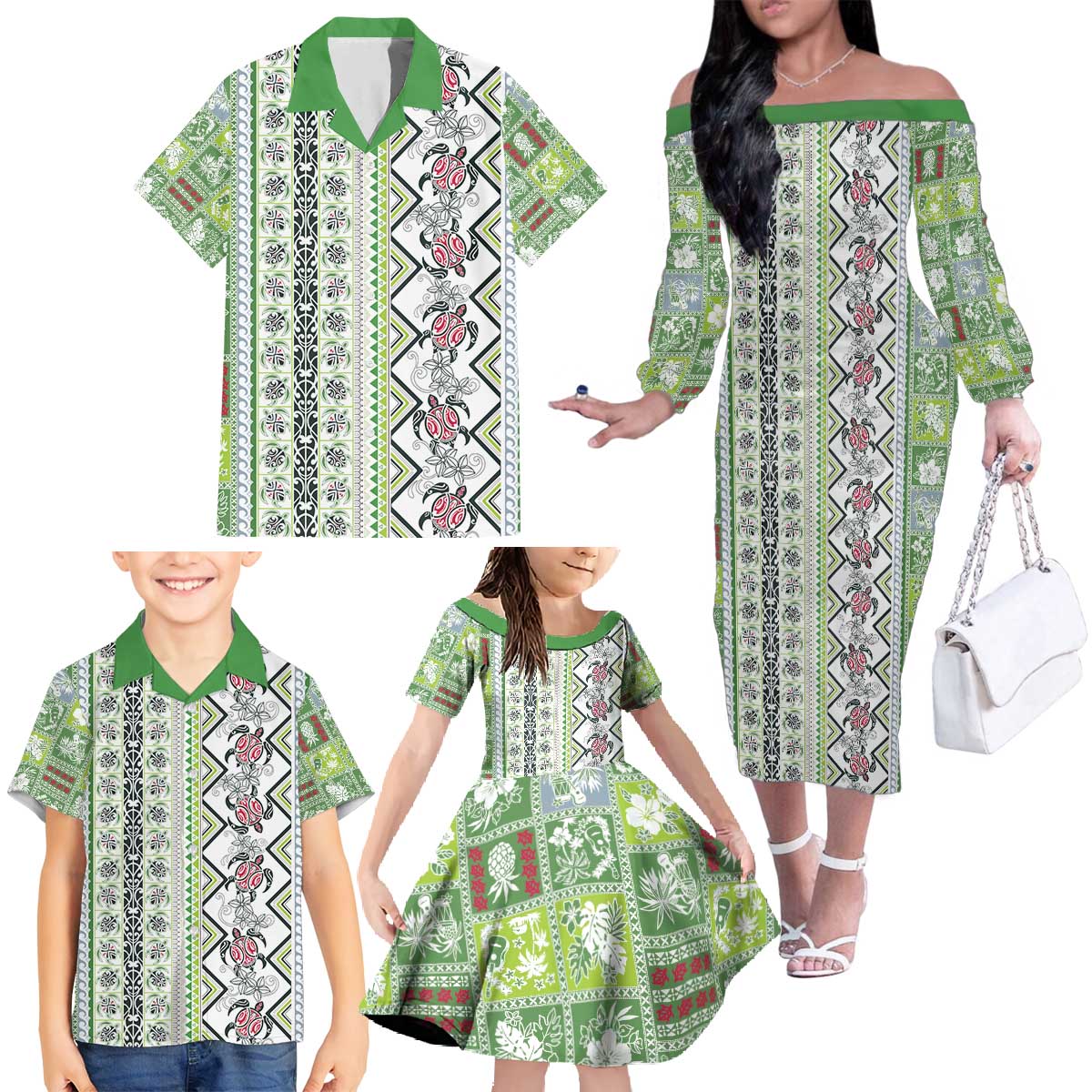 Hawaii Makahiki Turtle Family Matching Off The Shoulder Long Sleeve Dress and Hawaiian Shirt Green Tapa Pattern - Polynesian Pride
