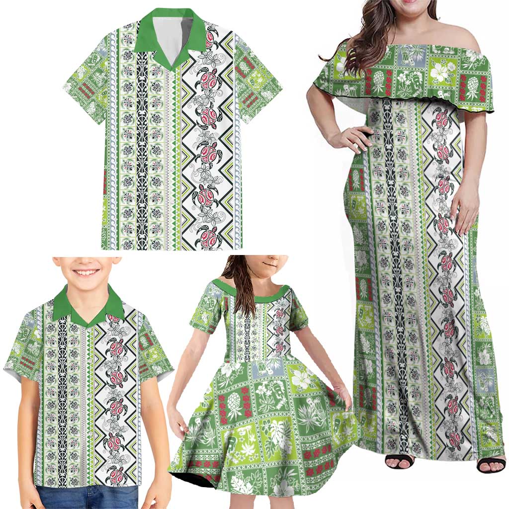 Hawaii Makahiki Turtle Family Matching Off Shoulder Maxi Dress and Hawaiian Shirt Green Tapa Pattern - Polynesian Pride