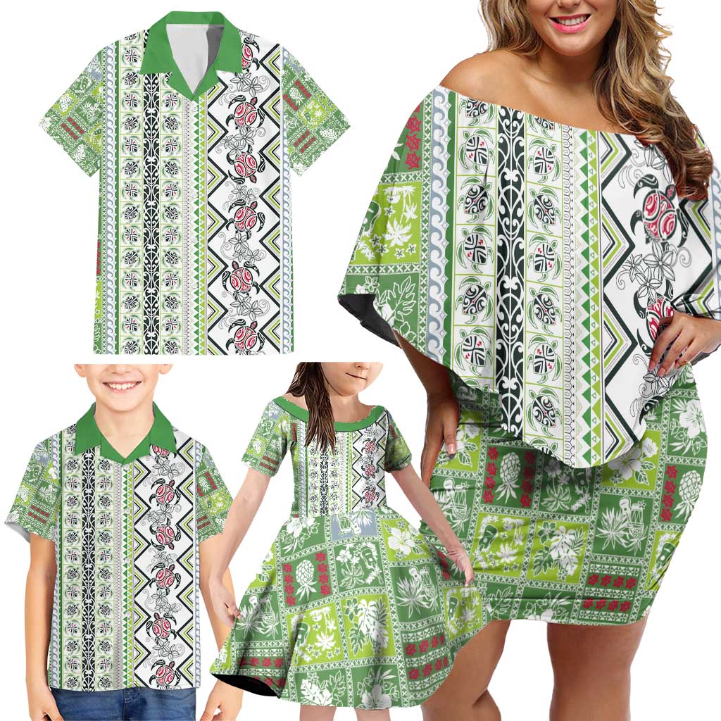 Hawaii Makahiki Turtle Family Matching Off Shoulder Short Dress and Hawaiian Shirt Green Tapa Pattern - Polynesian Pride