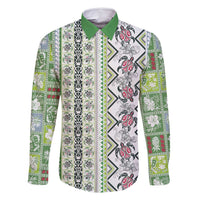 Hawaii Makahiki Turtle Family Matching Off Shoulder Short Dress and Hawaiian Shirt Green Tapa Pattern - Polynesian Pride