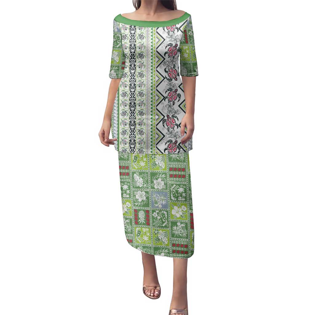 Hawaii Makahiki Turtle Family Matching Puletasi and Hawaiian Shirt Green Tapa Pattern - Polynesian Pride