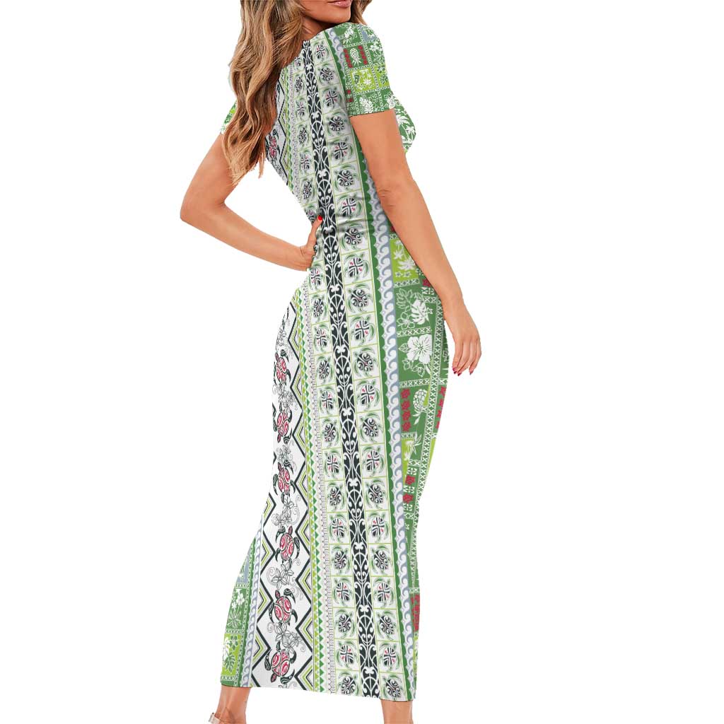 Hawaii Makahiki Turtle Family Matching Short Sleeve Bodycon Dress and Hawaiian Shirt Green Tapa Pattern - Polynesian Pride