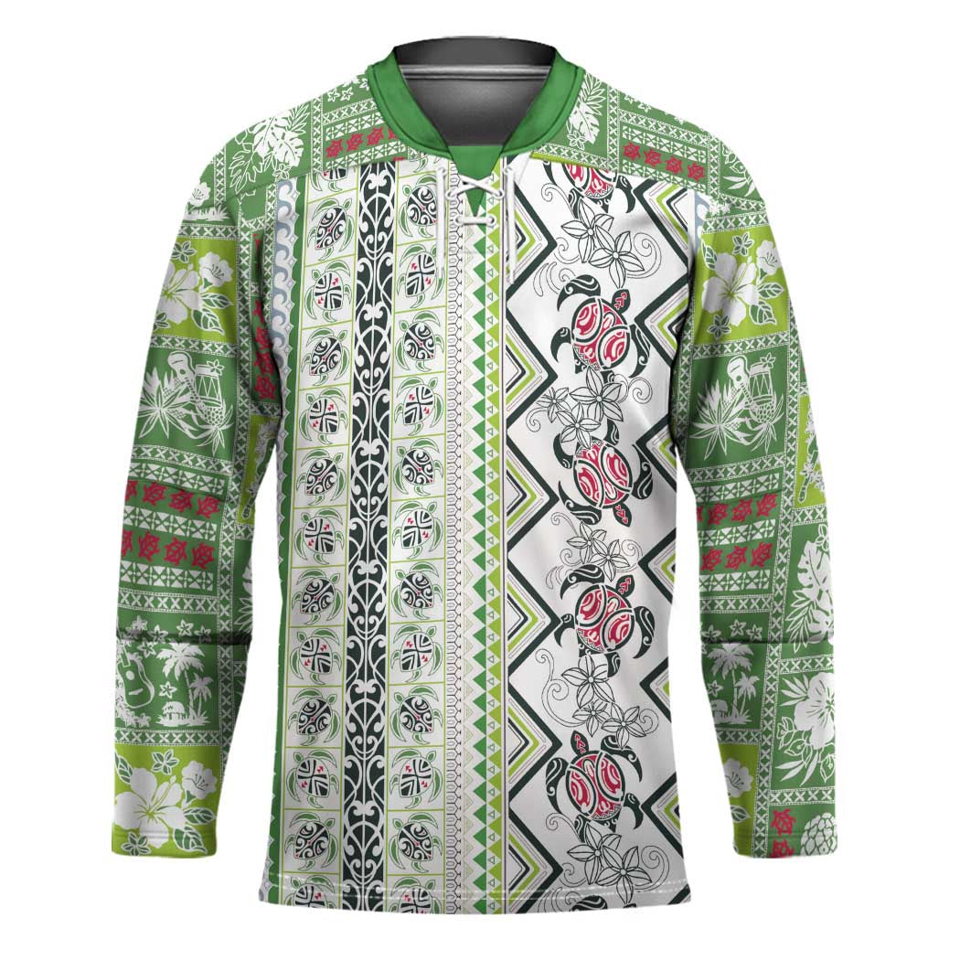 Hawaii Makahiki Turtle Hockey Jersey Green Tapa Pattern - Polynesian Pride