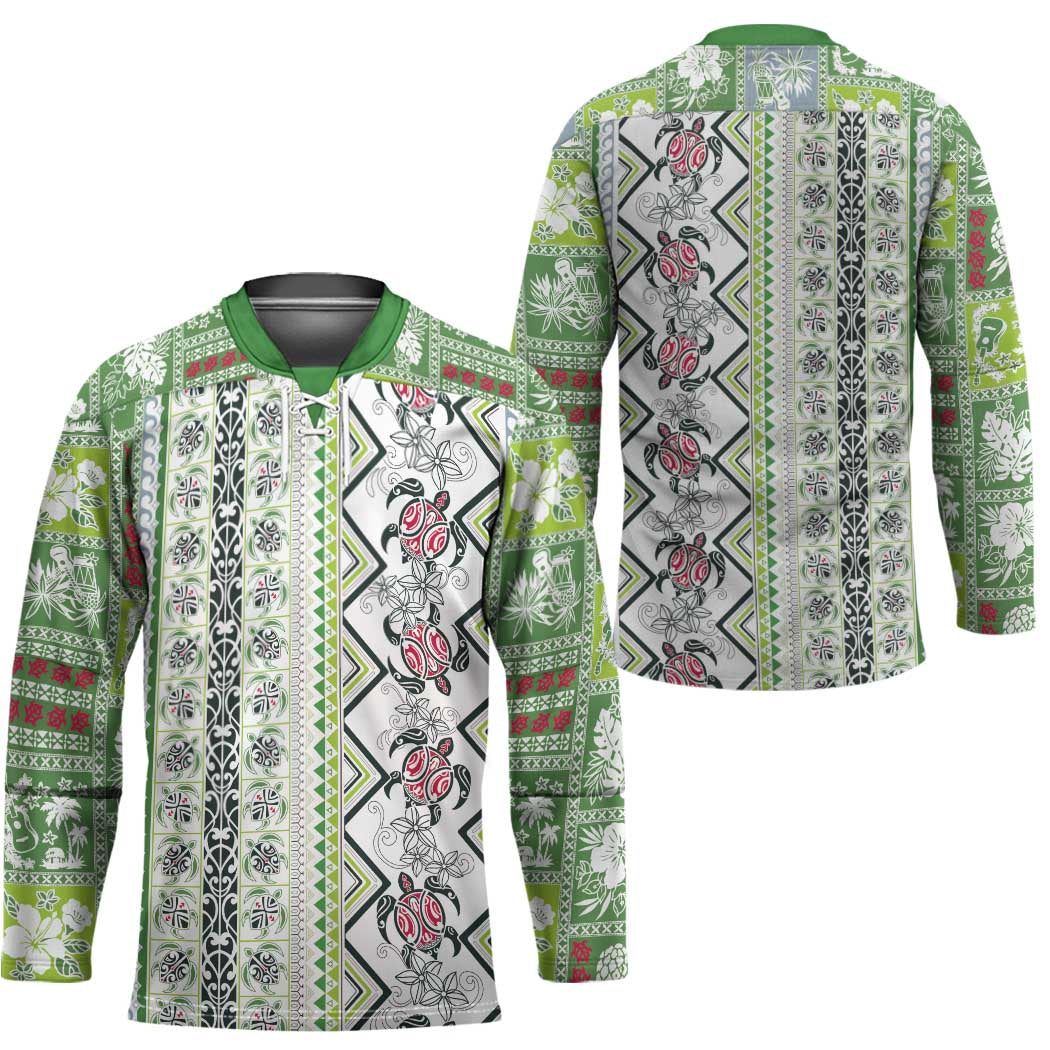 Hawaii Makahiki Turtle Hockey Jersey Green Tapa Pattern - Polynesian Pride