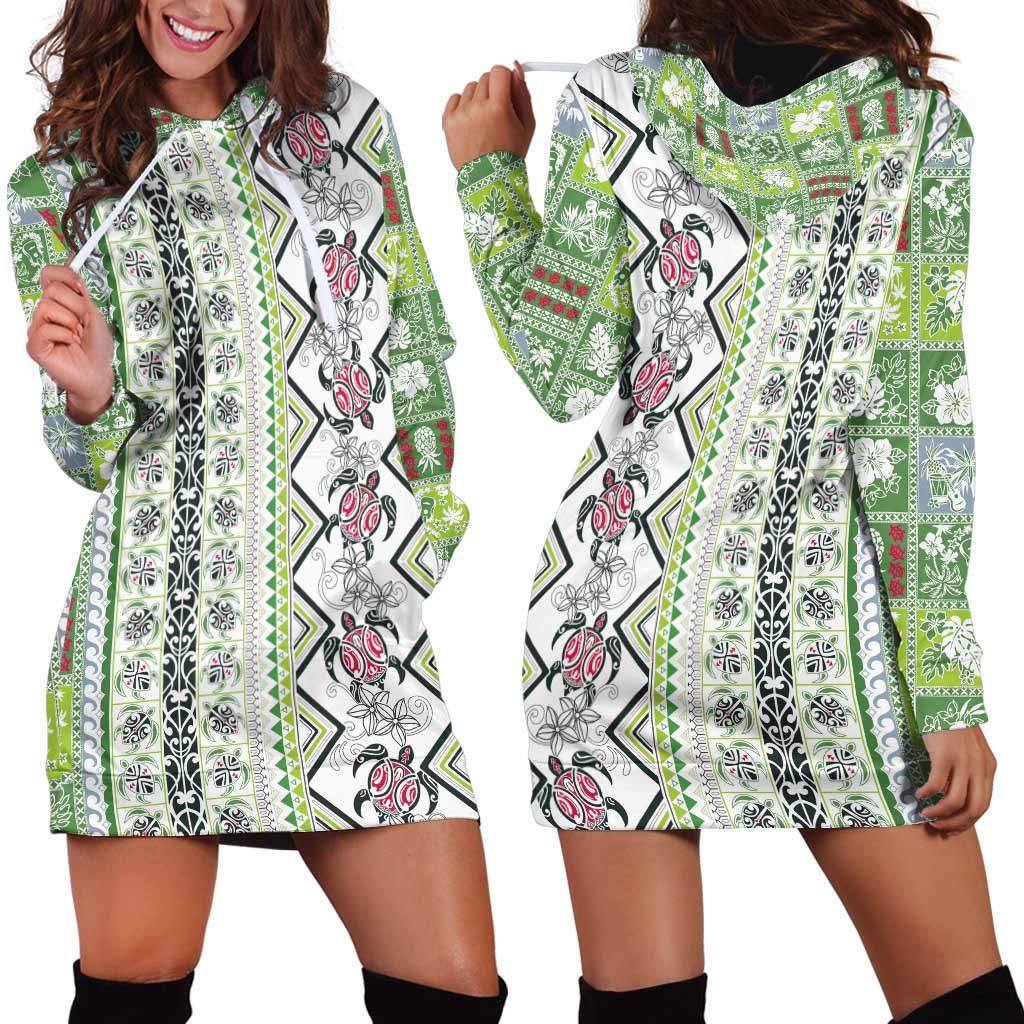 Hawaii Makahiki Turtle Hoodie Dress Green Tapa Pattern - Polynesian Pride