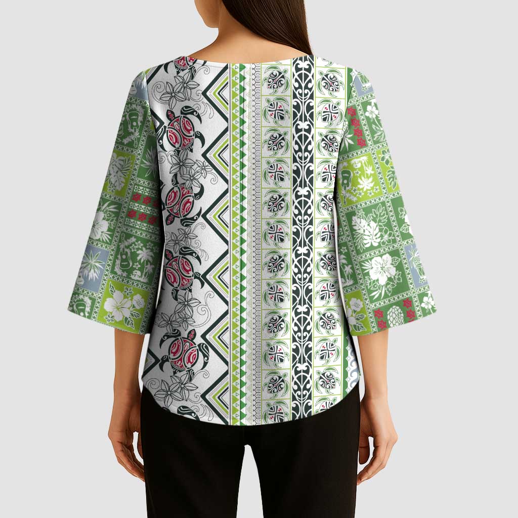 Hawaii Makahiki Turtle Kimono Sleeve Blouse Green Tapa Pattern - Polynesian Pride