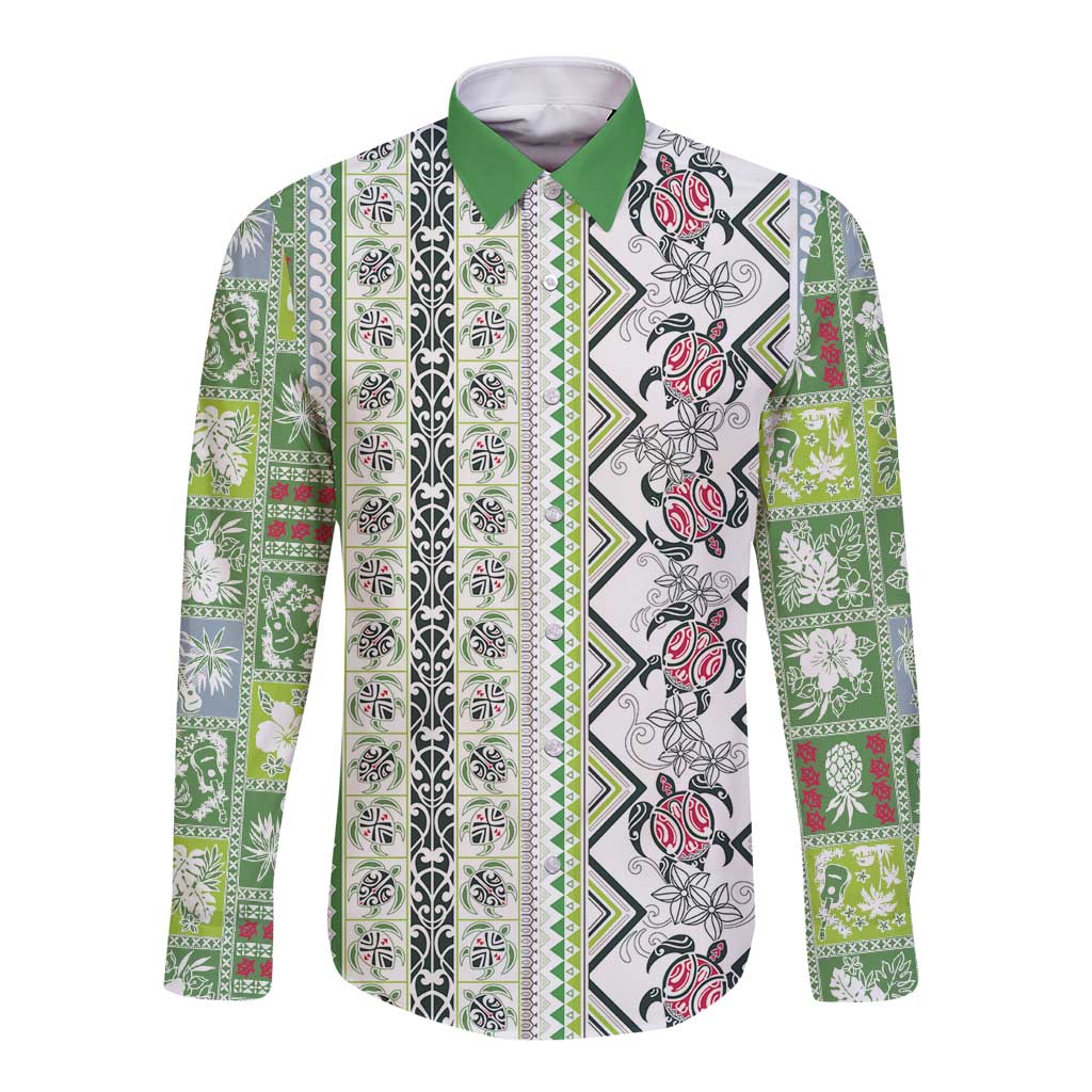 Hawaii Makahiki Turtle Long Sleeve Button Shirt Green Tapa Pattern - Polynesian Pride