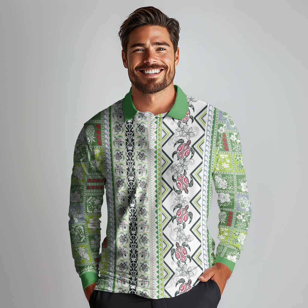 Hawaii Makahiki Turtle Long Sleeve Polo Shirt Green Tapa Pattern - Polynesian Pride