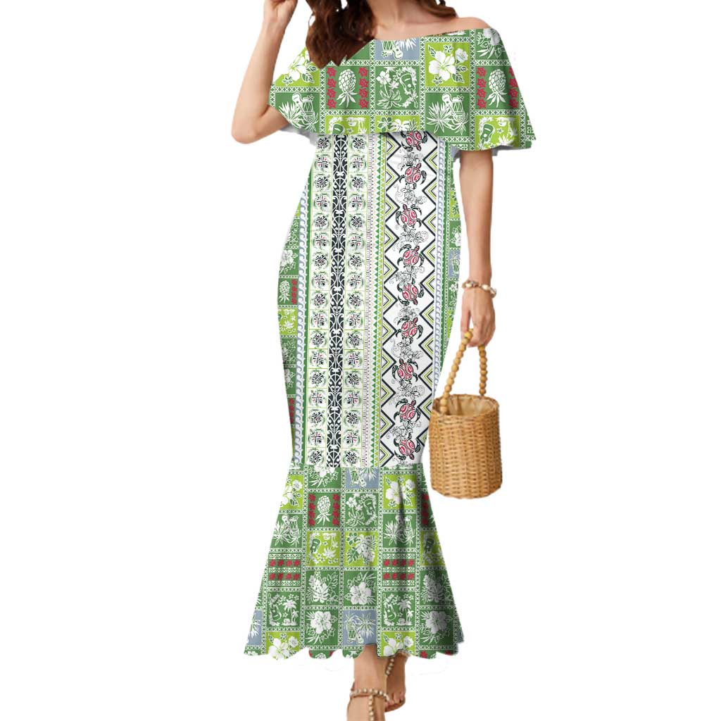 Hawaii Makahiki Turtle Mermaid Dress Green Tapa Pattern - Polynesian Pride