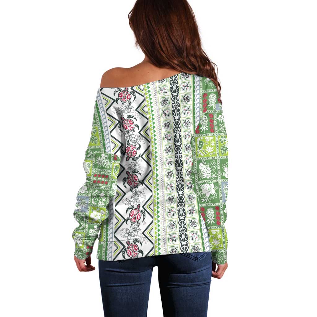 Hawaii Makahiki Turtle Off Shoulder Sweater Green Tapa Pattern - Polynesian Pride