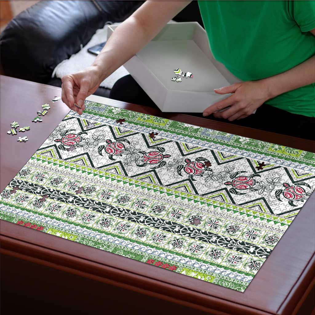 Hawaii Makahiki Turtle Puzzle Green Tapa Pattern - Polynesian Pride