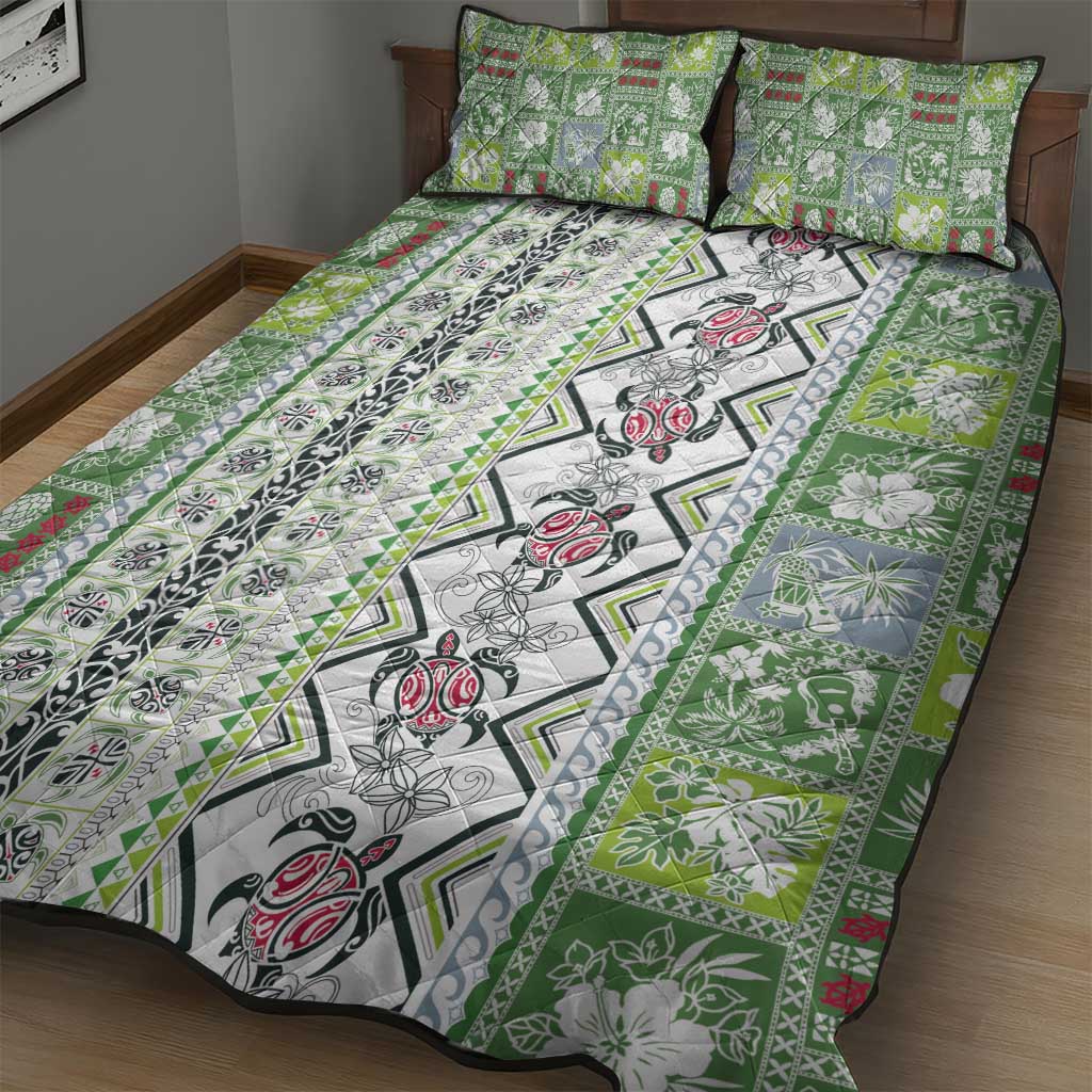 Hawaii Makahiki Turtle Quilt Bed Set Green Tapa Pattern - Polynesian Pride
