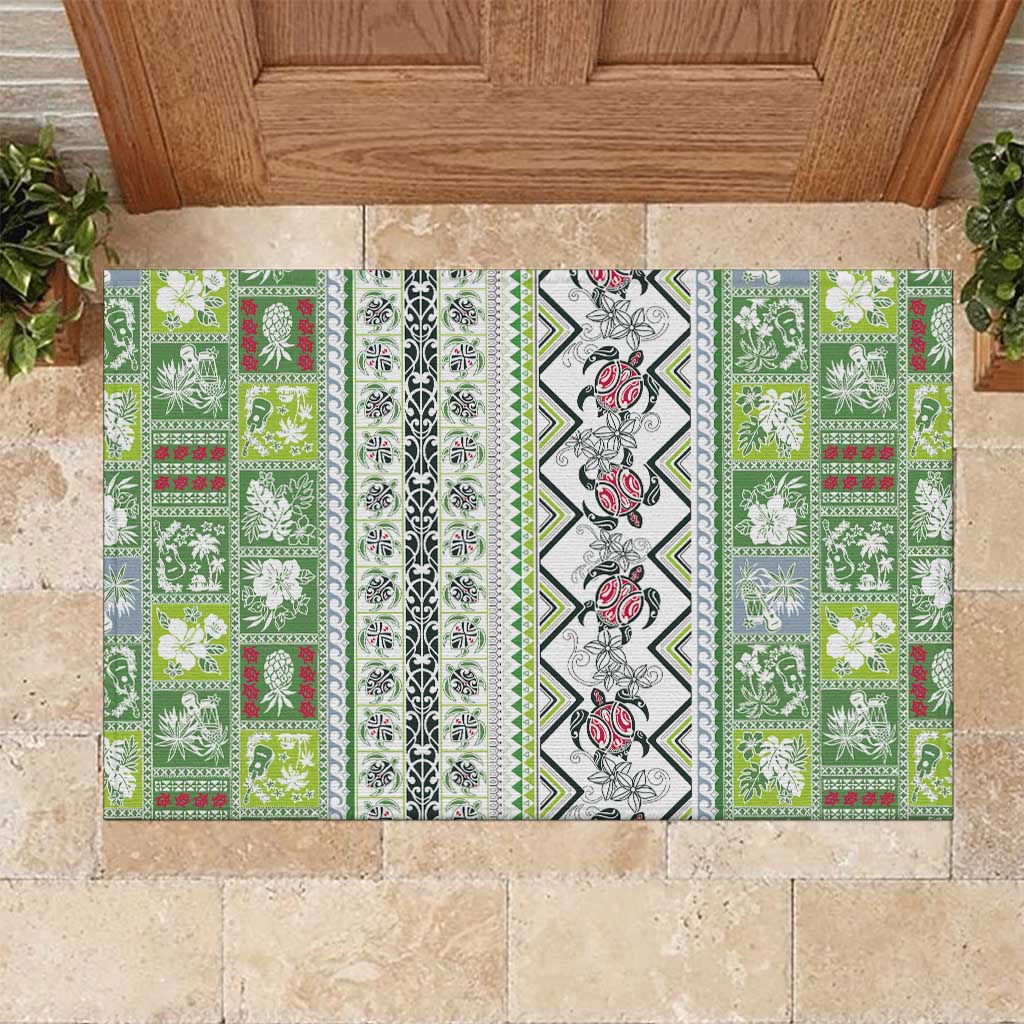 Hawaii Makahiki Turtle Rubber Doormat Green Tapa Pattern - Polynesian Pride