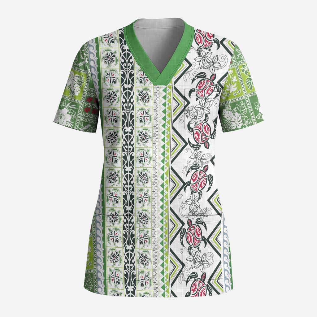 Hawaii Makahiki Turtle Scrub Top Green Tapa Pattern - Polynesian Pride