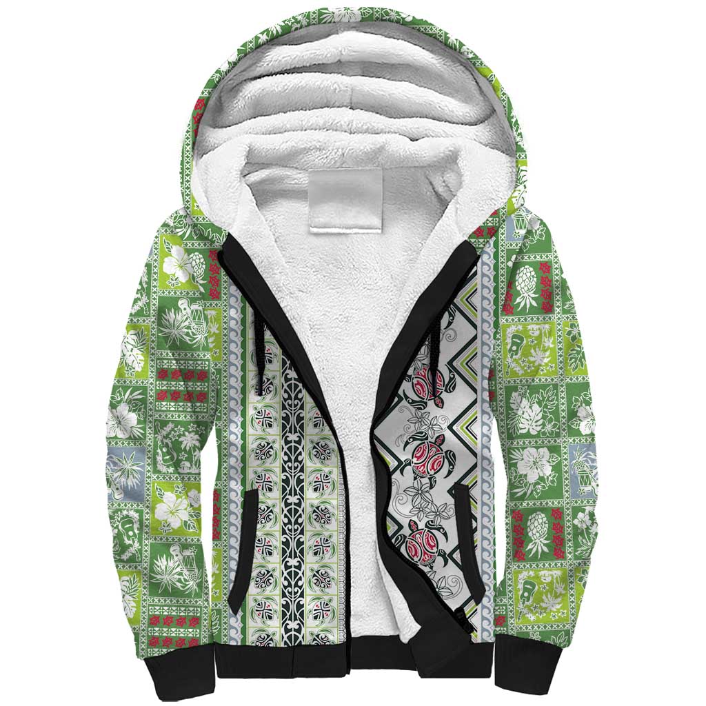 Hawaii Makahiki Turtle Sherpa Hoodie Green Tapa Pattern - Polynesian Pride