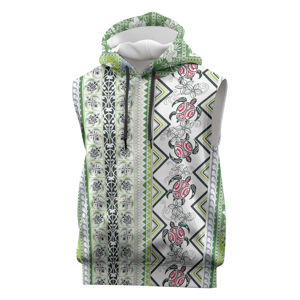 Hawaii Makahiki Turtle Sleeveless Hoodie Green Tapa Pattern - Polynesian Pride