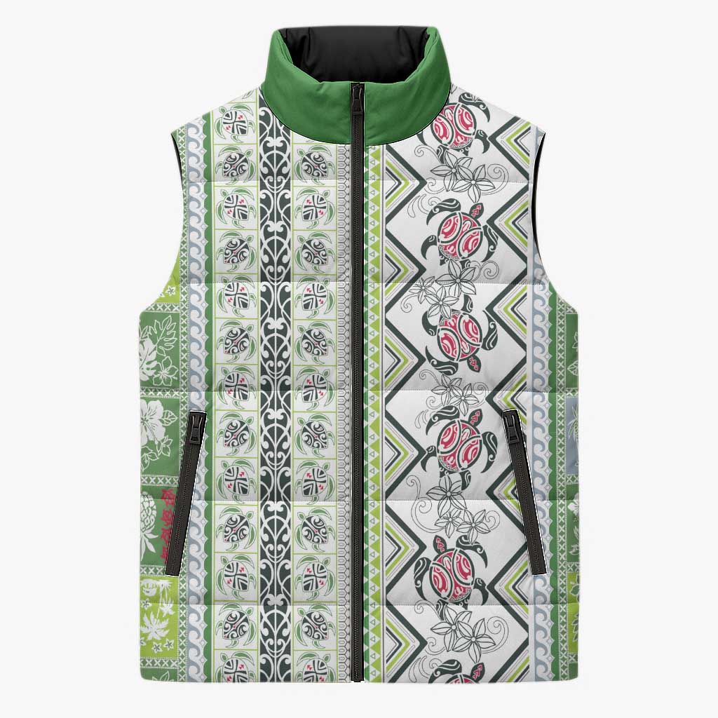 Hawaii Makahiki Turtle Sleeveless Puffer Jacket Green Tapa Pattern - Polynesian Pride