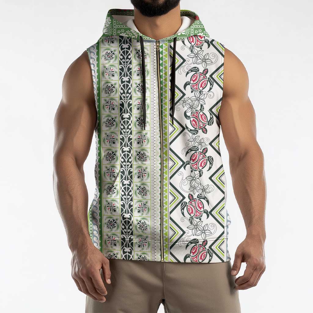 Hawaii Makahiki Turtle Sleeveless Zip Hoodie Green Tapa Pattern - Polynesian Pride