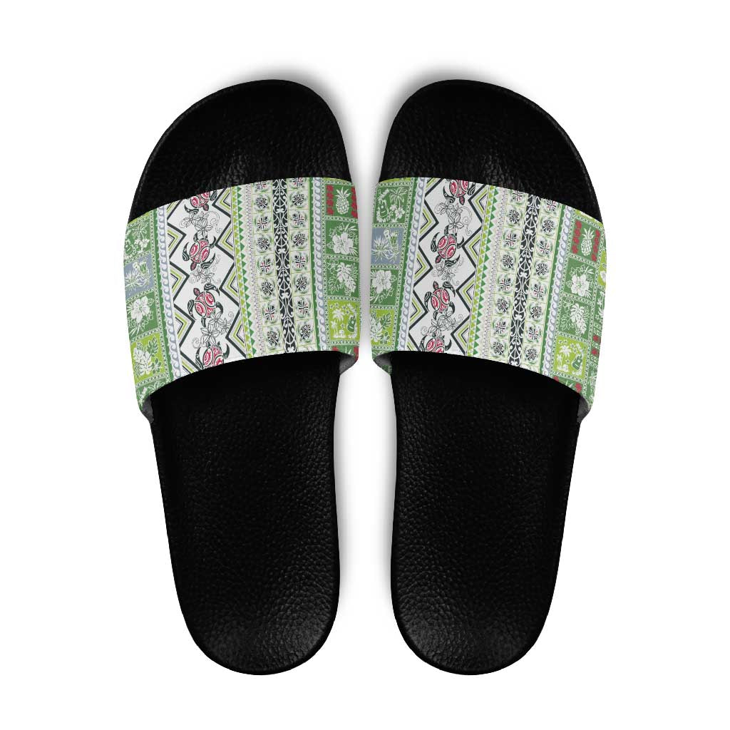 Hawaii Makahiki Turtle Slide Sandals Green Tapa Pattern - Polynesian Pride