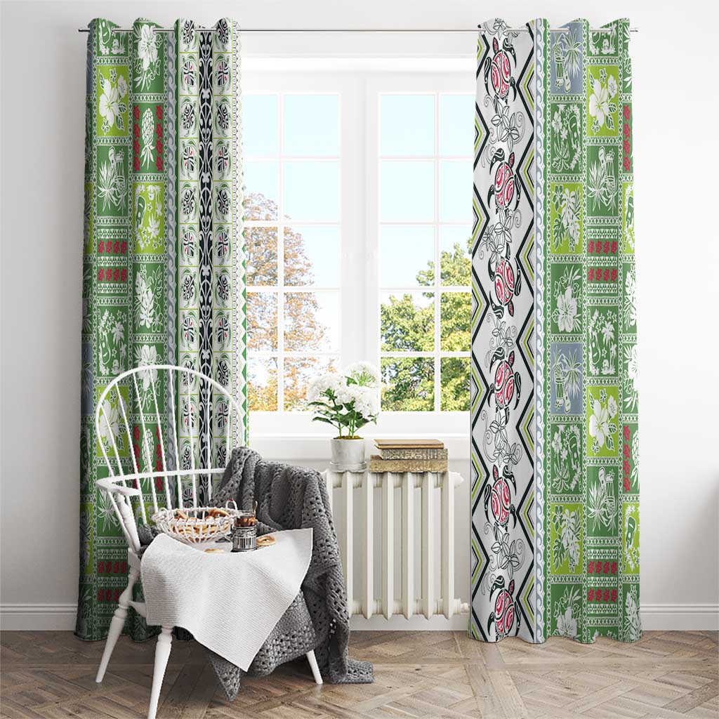 Hawaii Makahiki Turtle Window Curtain Green Tapa Pattern - Polynesian Pride