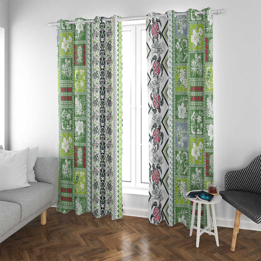 Hawaii Makahiki Turtle Window Curtain Green Tapa Pattern - Polynesian Pride