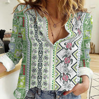 Hawaii Makahiki Turtle Women Casual Shirt Green Tapa Pattern - Polynesian Pride