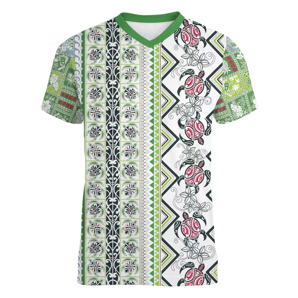 Hawaii Makahiki Turtle Women V-Neck T-Shirt Green Tapa Pattern - Polynesian Pride