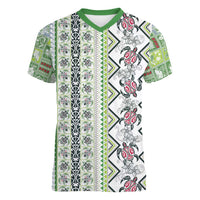 Hawaii Makahiki Turtle Women V-Neck T-Shirt Green Tapa Pattern - Polynesian Pride