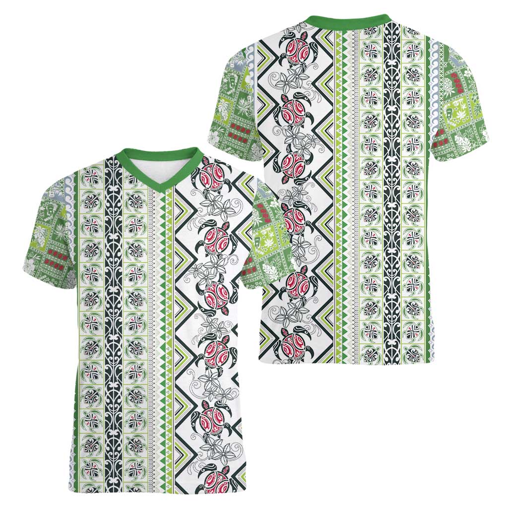 Hawaii Makahiki Turtle Women V-Neck T-Shirt Green Tapa Pattern - Polynesian Pride