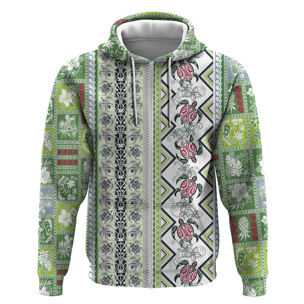 Hawaii Makahiki Turtle Zip Hoodie Green Tapa Pattern - Polynesian Pride