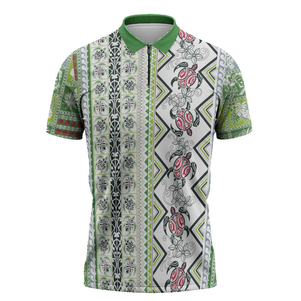 Hawaii Makahiki Turtle Zipper Polo Shirt Green Tapa Pattern - Polynesian Pride