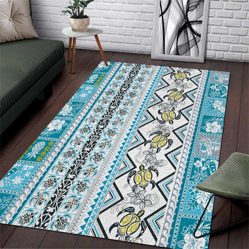 Hawaii Makahiki Turtle Area Rug Blue Tapa Pattern - Polynesian Pride