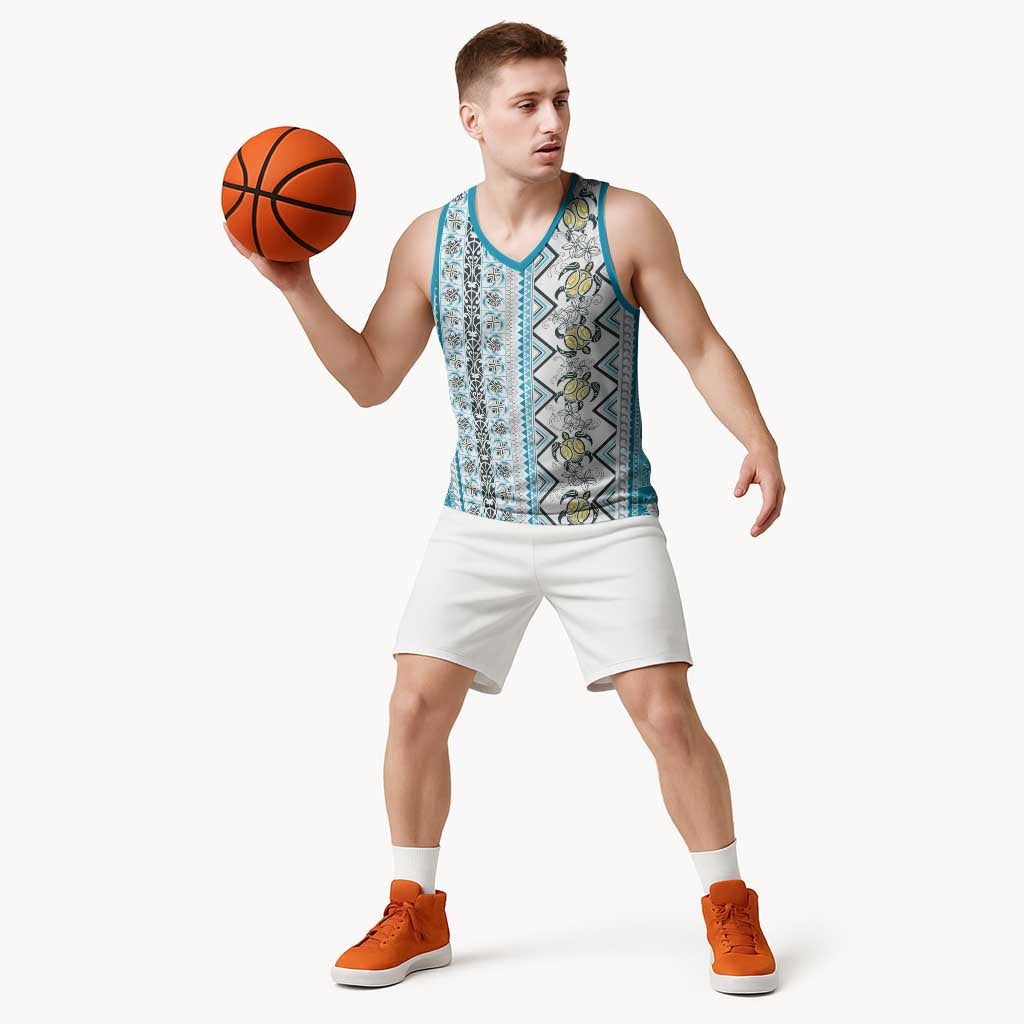 Hawaii Makahiki Turtle Basketball Jersey Blue Tapa Pattern - Polynesian Pride