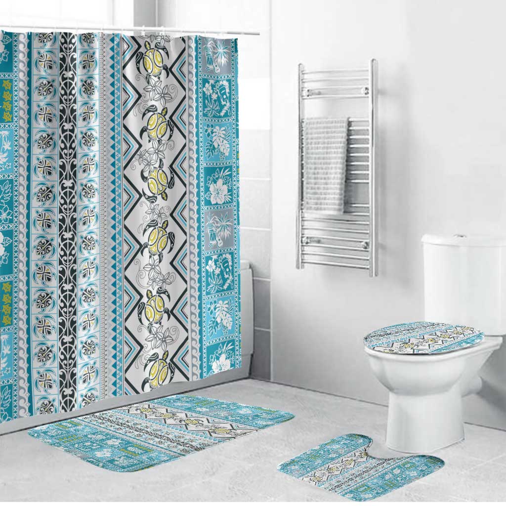 Hawaii Makahiki Turtle Bathroom Set Blue Tapa Pattern - Polynesian Pride