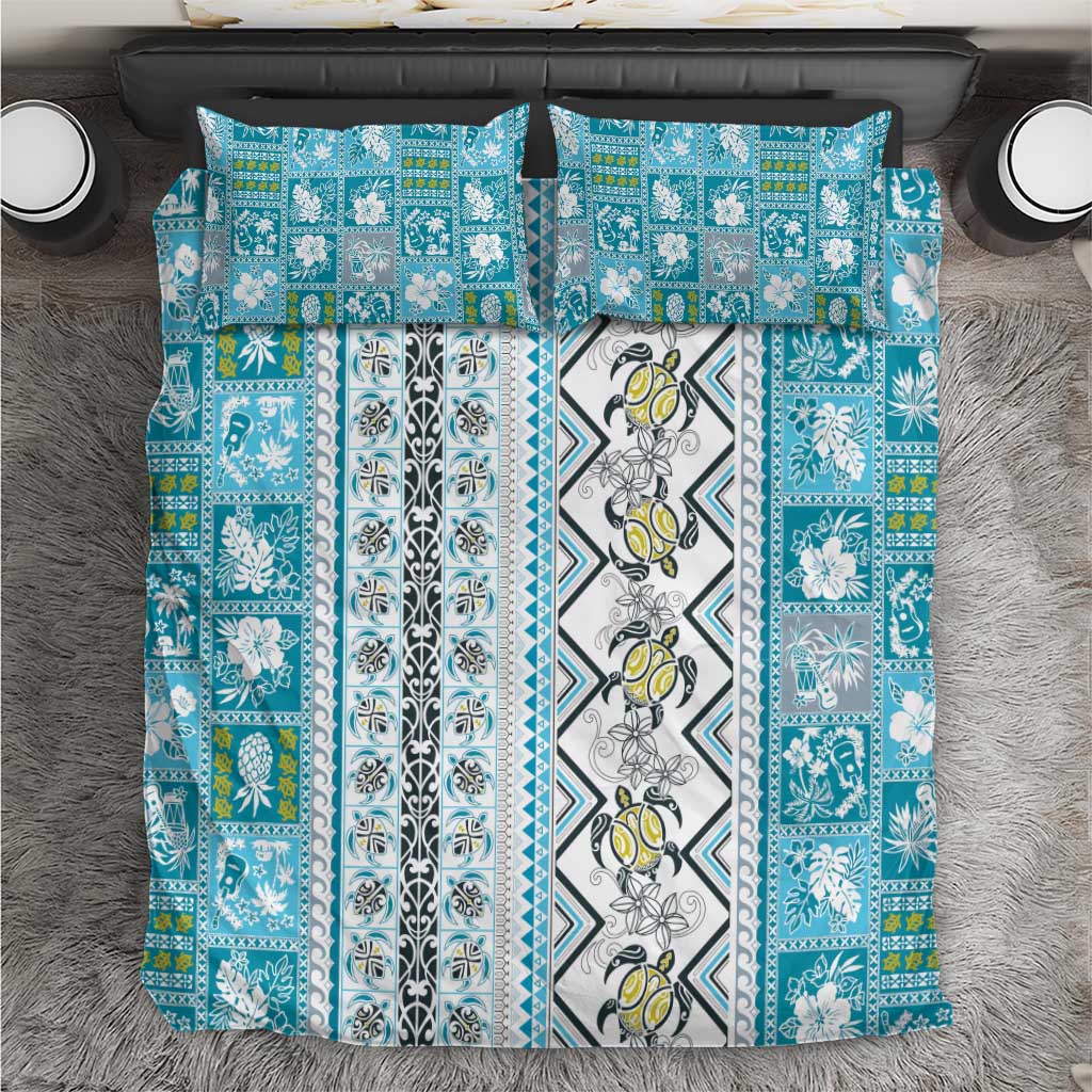 Hawaii Makahiki Turtle Bedding Set Blue Tapa Pattern - Polynesian Pride