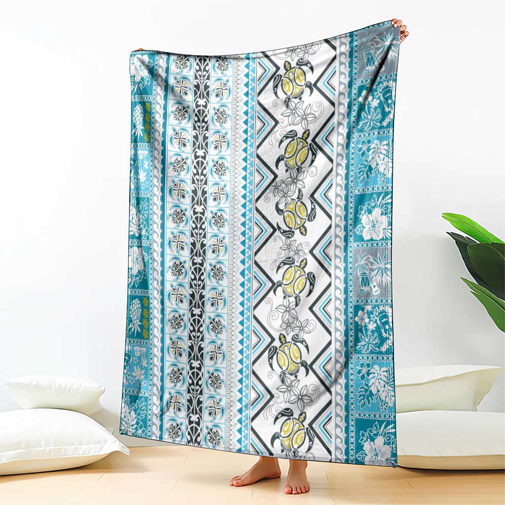 Hawaii Makahiki Turtle Blanket Blue Tapa Pattern - Polynesian Pride