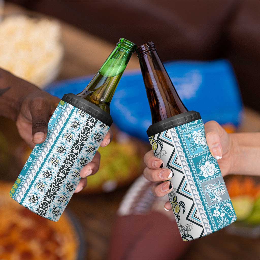 Hawaii Makahiki Turtle 4 in 1 Can Cooler Tumbler Blue Tapa Pattern - Polynesian Pride