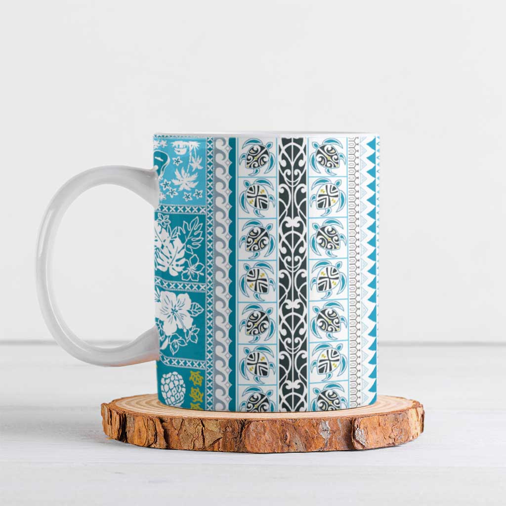 Hawaii Makahiki Turtle Ceramic Mug Blue Tapa Pattern - Polynesian Pride